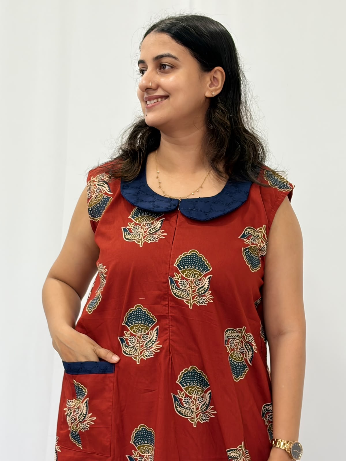 Rust Orange Floral Printed Pure Cotton Peter Pan Collar Sleeveless Long Zip Feeding Nighty | Free Size | Chest Width 44″| Length 56″