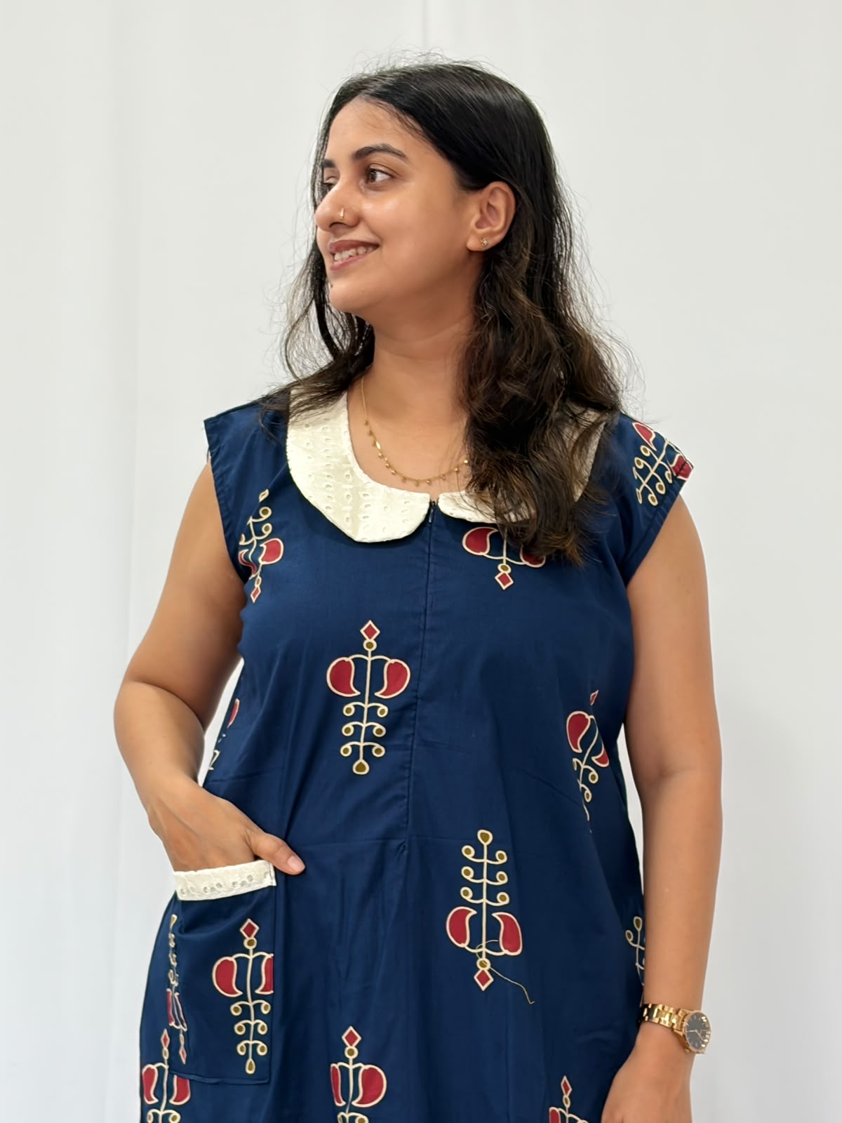 Navy-Blue Printed Pure Cotton Peter Pan Collar Sleeveless Long Zip Feeding Nighty | Free Size | Chest Width 44″| Length 56″
