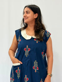 Navy-Blue Printed Pure Cotton Peter Pan Collar Sleeveless Long Zip Feeding Nighty | Free Size | Chest Width 44″| Length 56″