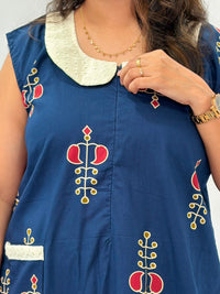 Navy-Blue Printed Pure Cotton Peter Pan Collar Sleeveless Long Zip Feeding Nighty | Free Size | Chest Width 44″| Length 56″