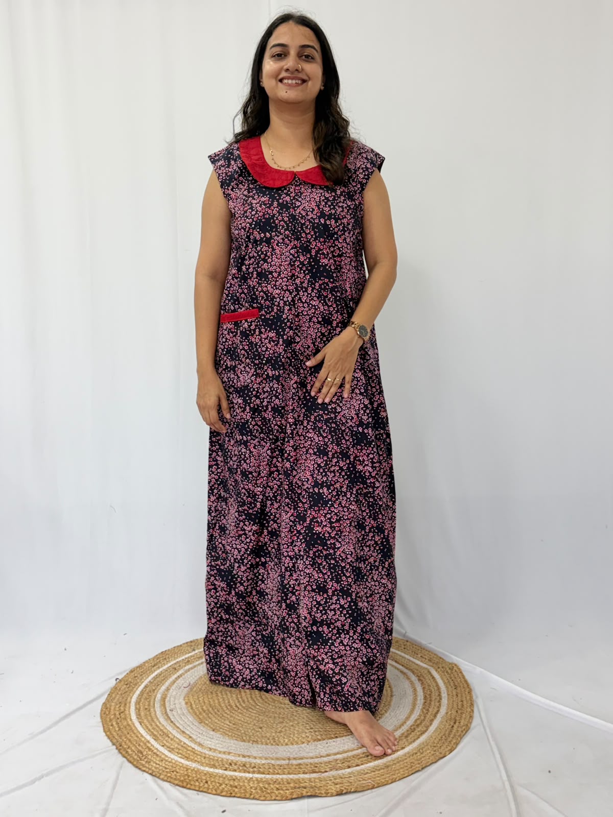Black Floral Printed Pure Cotton Peter Pan Collar Sleeveless Long Zip Feeding Nighty | Free Size | Chest Width 44″| Length 56″
