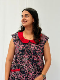 Black Floral Printed Pure Cotton Peter Pan Collar Sleeveless Long Zip Feeding Nighty | Free Size | Chest Width 44″| Length 56″