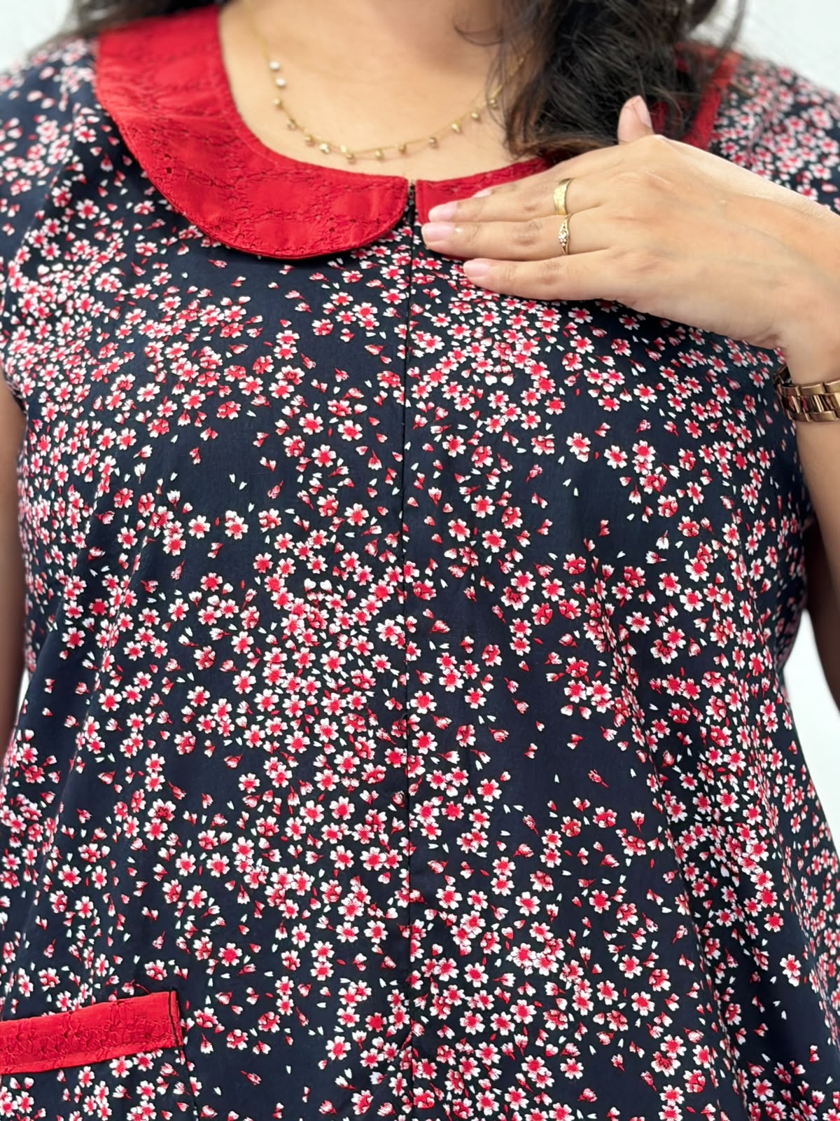 Black Floral Printed Pure Cotton Peter Pan Collar Sleeveless Long Zip Feeding Nighty | Free Size | Chest Width 44″| Length 56″