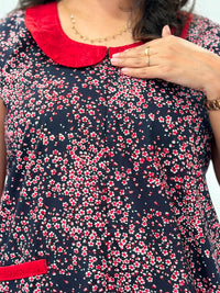 Black Floral Printed Pure Cotton Peter Pan Collar Sleeveless Long Zip Feeding Nighty | Free Size | Chest Width 44″| Length 56″