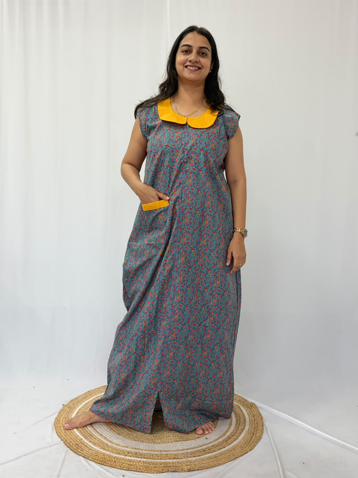 Grey Floral Printed Pure Cotton Peter Pan Collar Sleeveless Long Zip Feeding Nighty | Free Size | Chest Width 44″| Length 56″