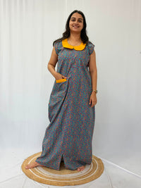 Grey Floral Printed Pure Cotton Peter Pan Collar Sleeveless Long Zip Feeding Nighty | Free Size | Chest Width 44″| Length 56″
