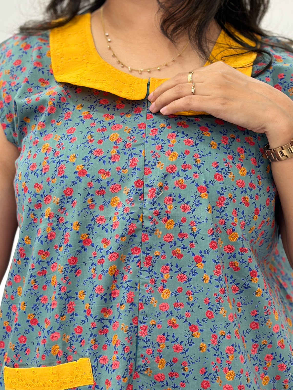 Grey Floral Printed Pure Cotton Peter Pan Collar Sleeveless Long Zip Feeding Nighty | Free Size | Chest Width 44″| Length 56″