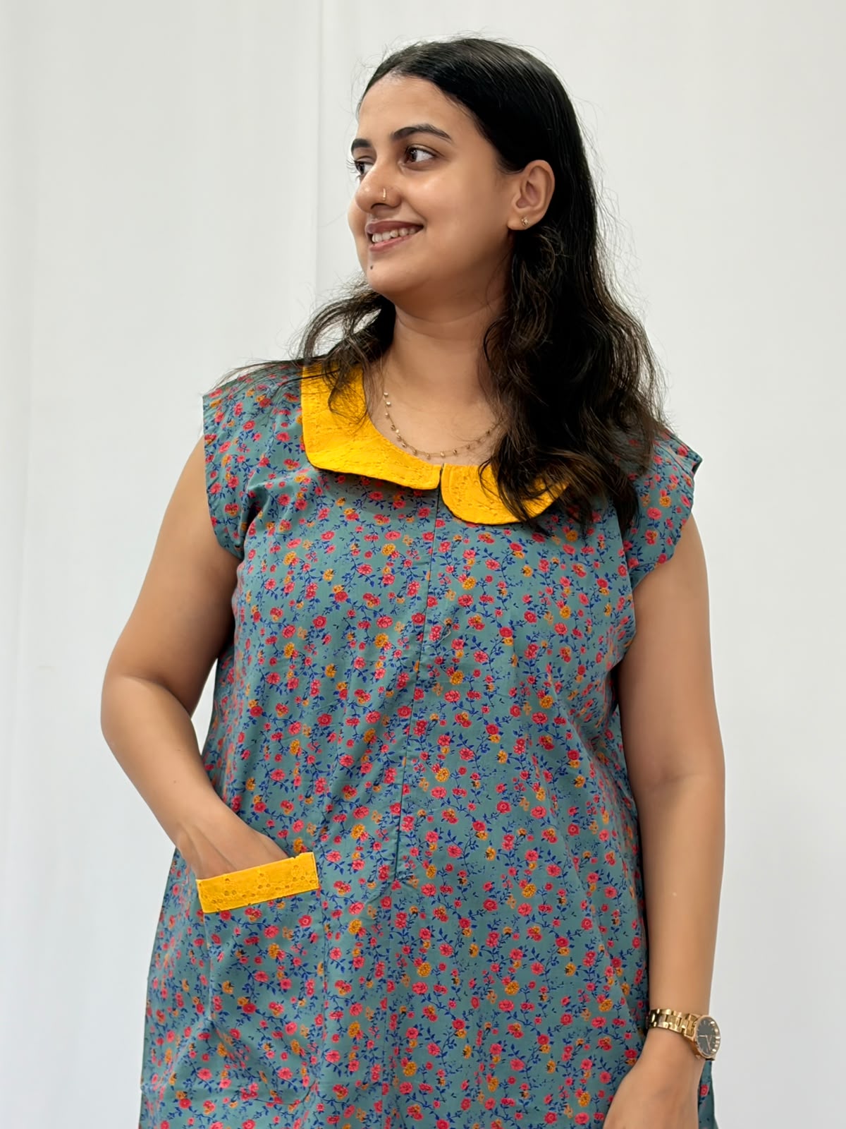 Grey Floral Printed Pure Cotton Peter Pan Collar Sleeveless Long Zip Feeding Nighty | Free Size | Chest Width 44″| Length 56″