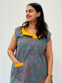 Grey Floral Printed Pure Cotton Peter Pan Collar Sleeveless Long Zip Feeding Nighty | Free Size | Chest Width 44″| Length 56″