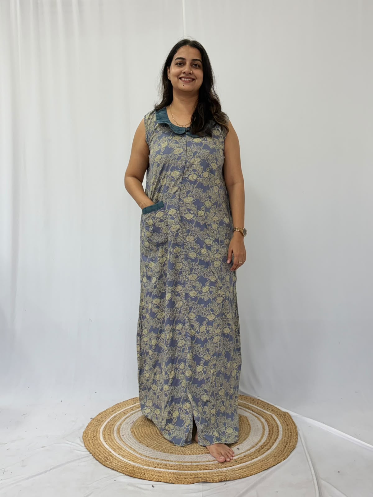 Grey Floral Rayon Printed Peter Pan Collar Sleeveless Long Zip Feeding Nighty | Free Size | Chest Width 44″| Length 56″