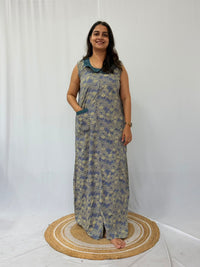 Grey Floral Rayon Printed Peter Pan Collar Sleeveless Long Zip Feeding Nighty | Free Size | Chest Width 44″| Length 56″