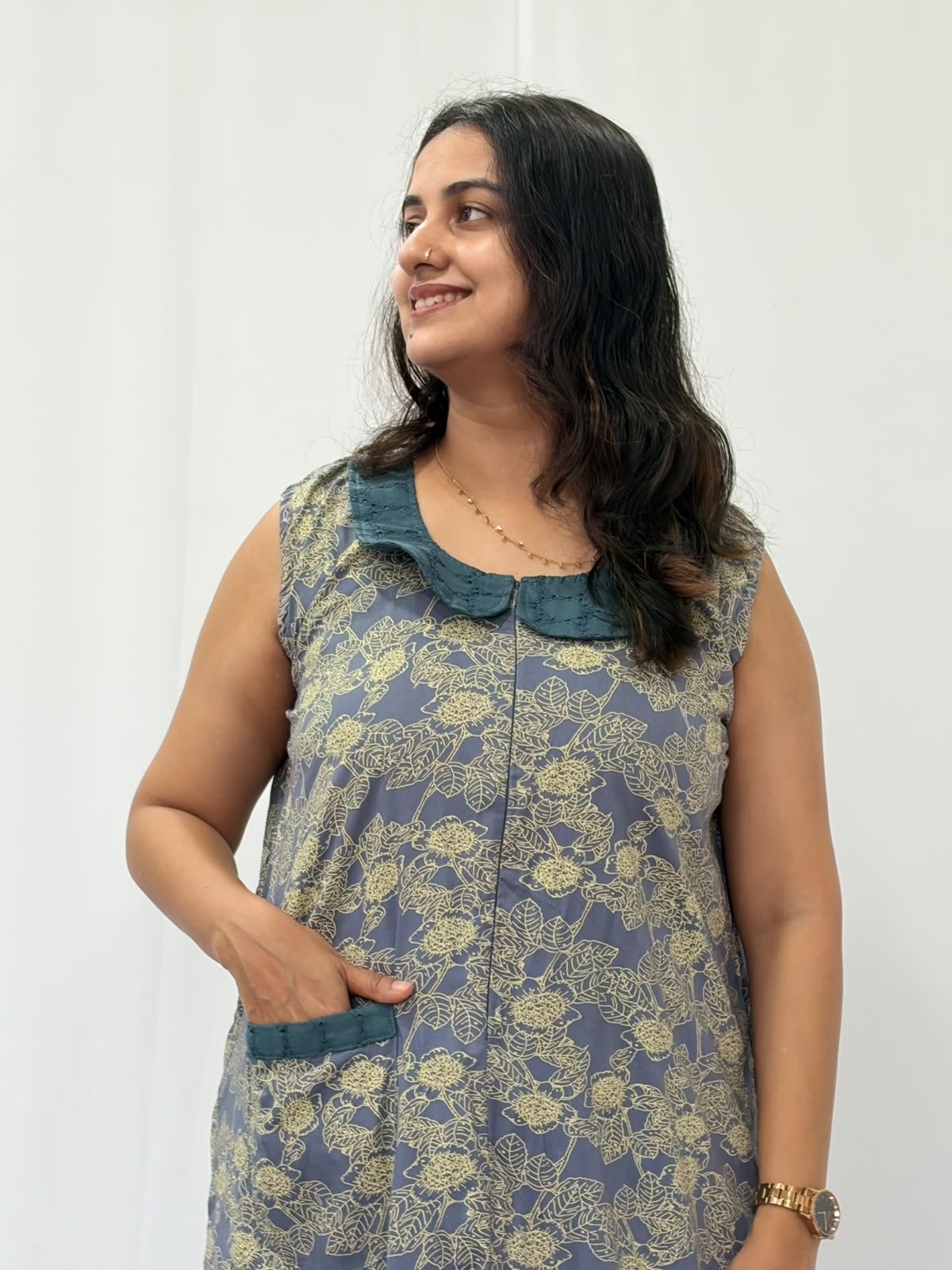 Grey Floral Rayon Printed Peter Pan Collar Sleeveless Long Zip Feeding Nighty | Free Size | Chest Width 44″| Length 56″