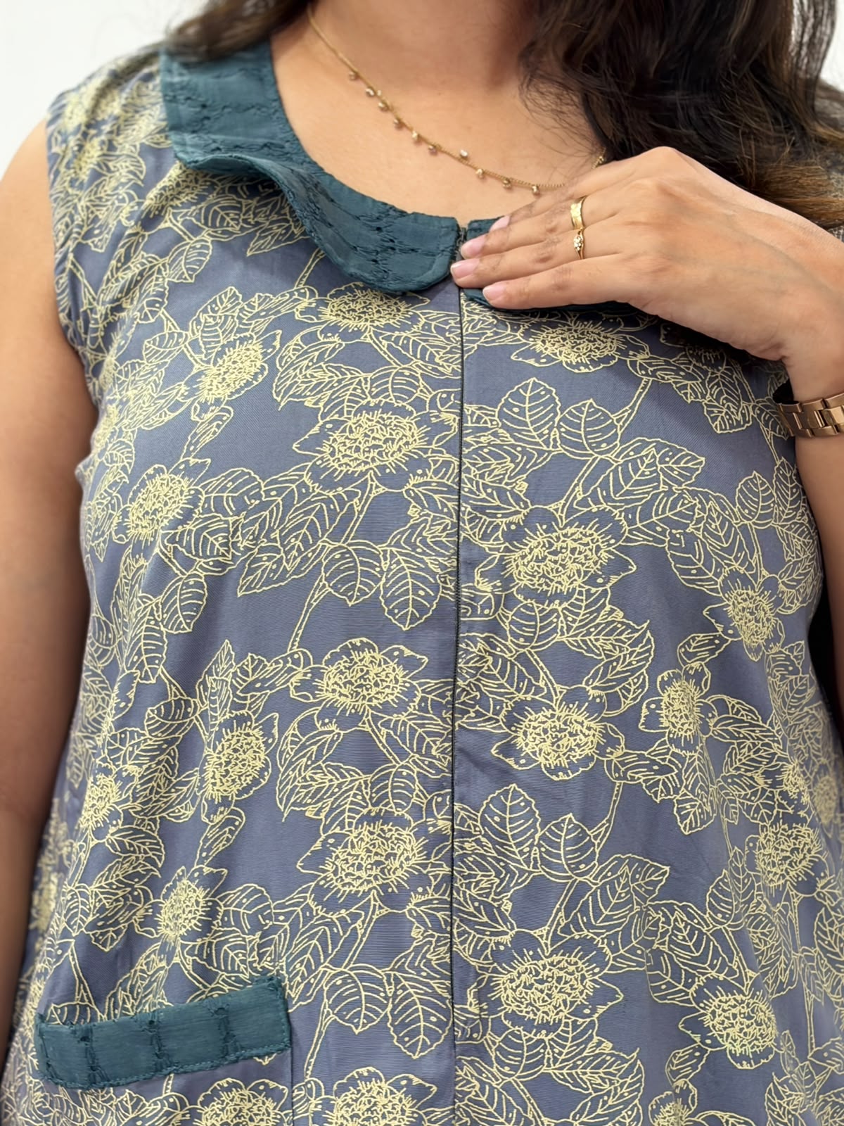 Grey Floral Rayon Printed Peter Pan Collar Sleeveless Long Zip Feeding Nighty | Free Size | Chest Width 44″| Length 56″