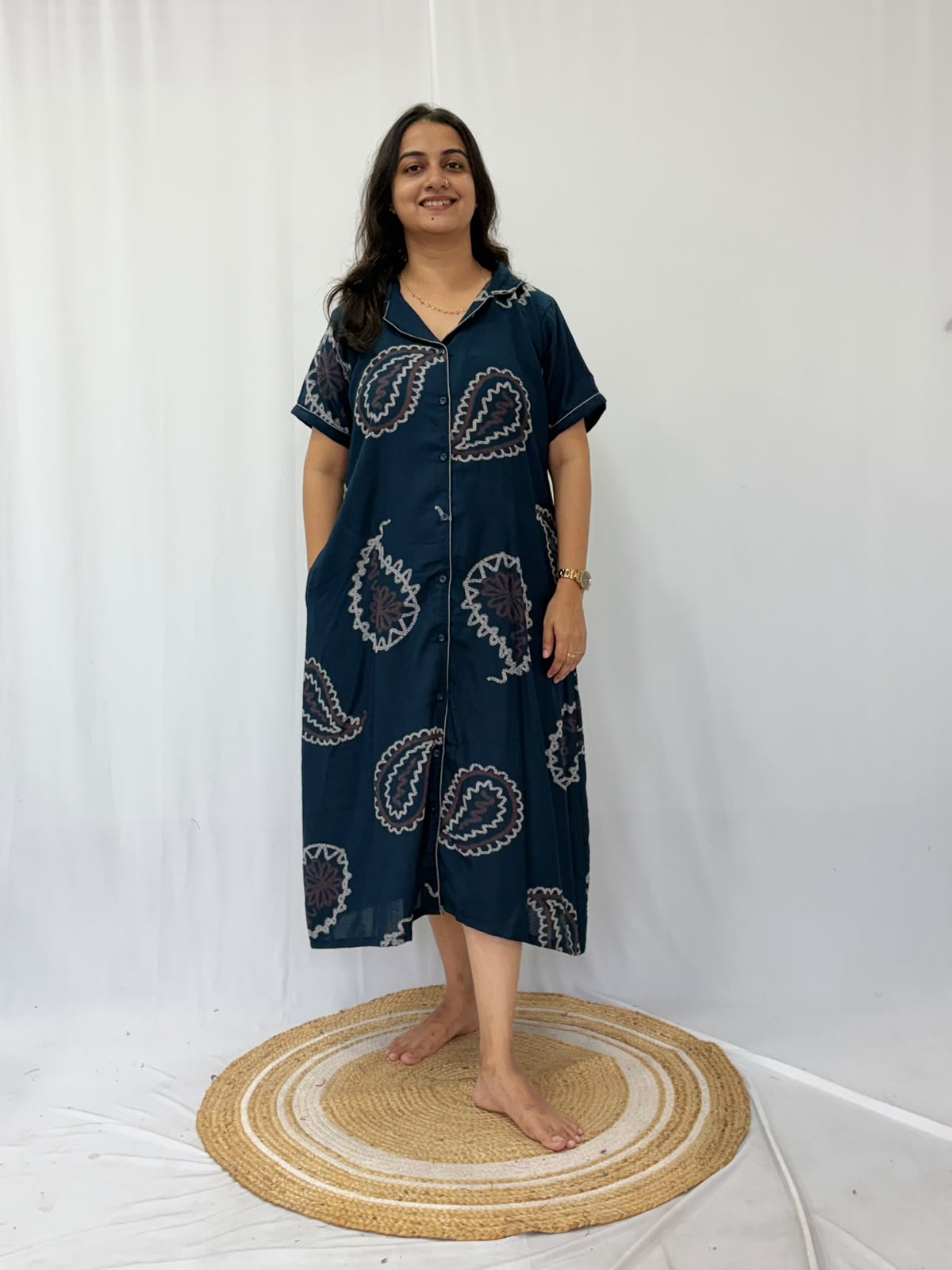 Teal Green Printed Alfine Full Open Long Polo Shirt Dress | Side Pocket | Free Size | Chest Width 44″| Length 44″