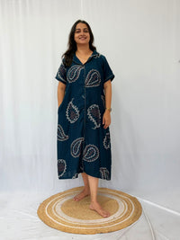 Teal Green Printed Alfine Full Open Long Polo Shirt Dress | Side Pocket | Free Size | Chest Width 44″| Length 44″