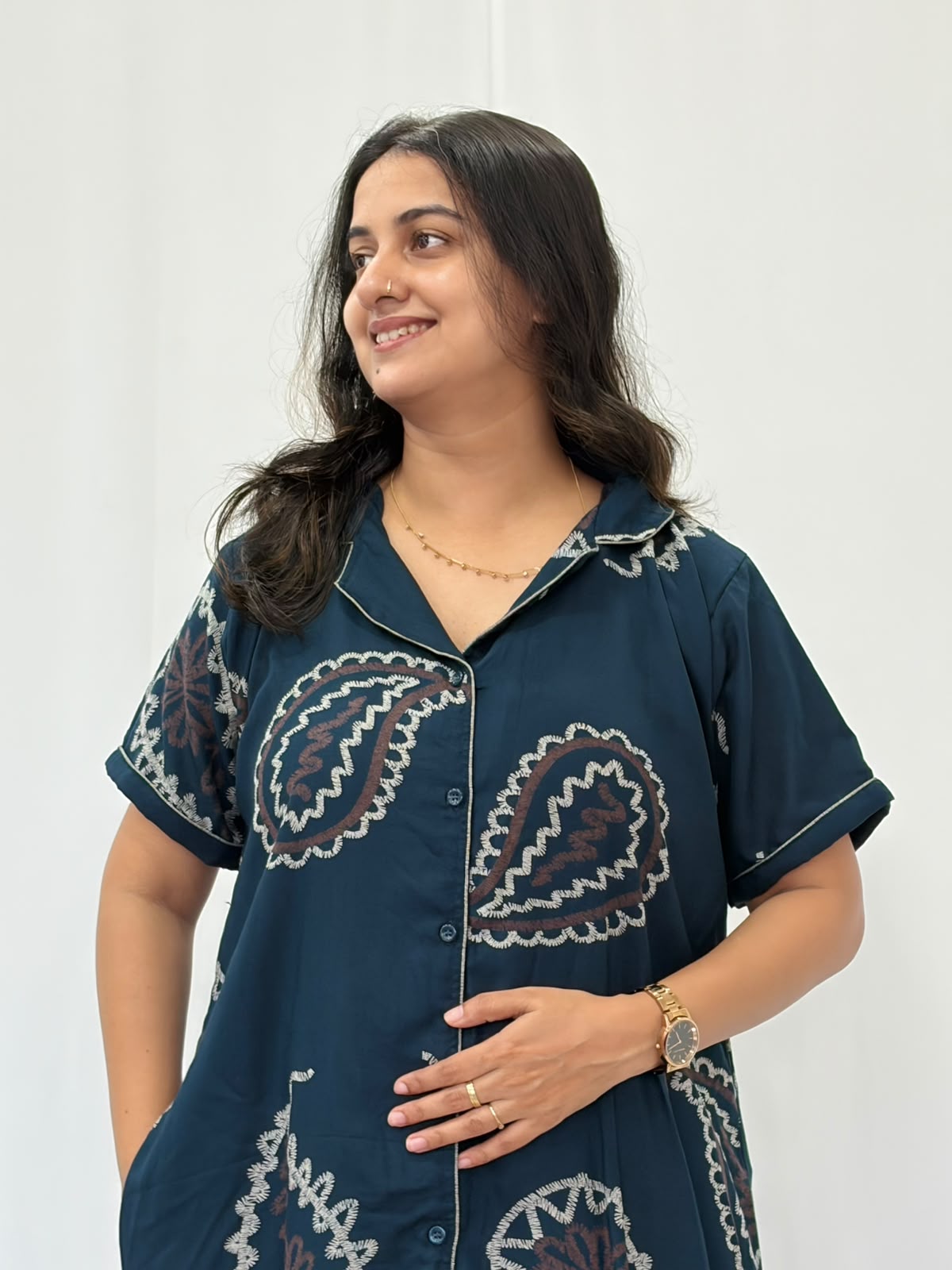 Teal Green Printed Alfine Full Open Long Polo Shirt Dress | Side Pocket | Free Size | Chest Width 44″| Length 44″