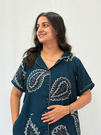 Teal Green Printed Alfine Full Open Long Polo Shirt Dress | Side Pocket | Free Size | Chest Width 44″| Length 44″