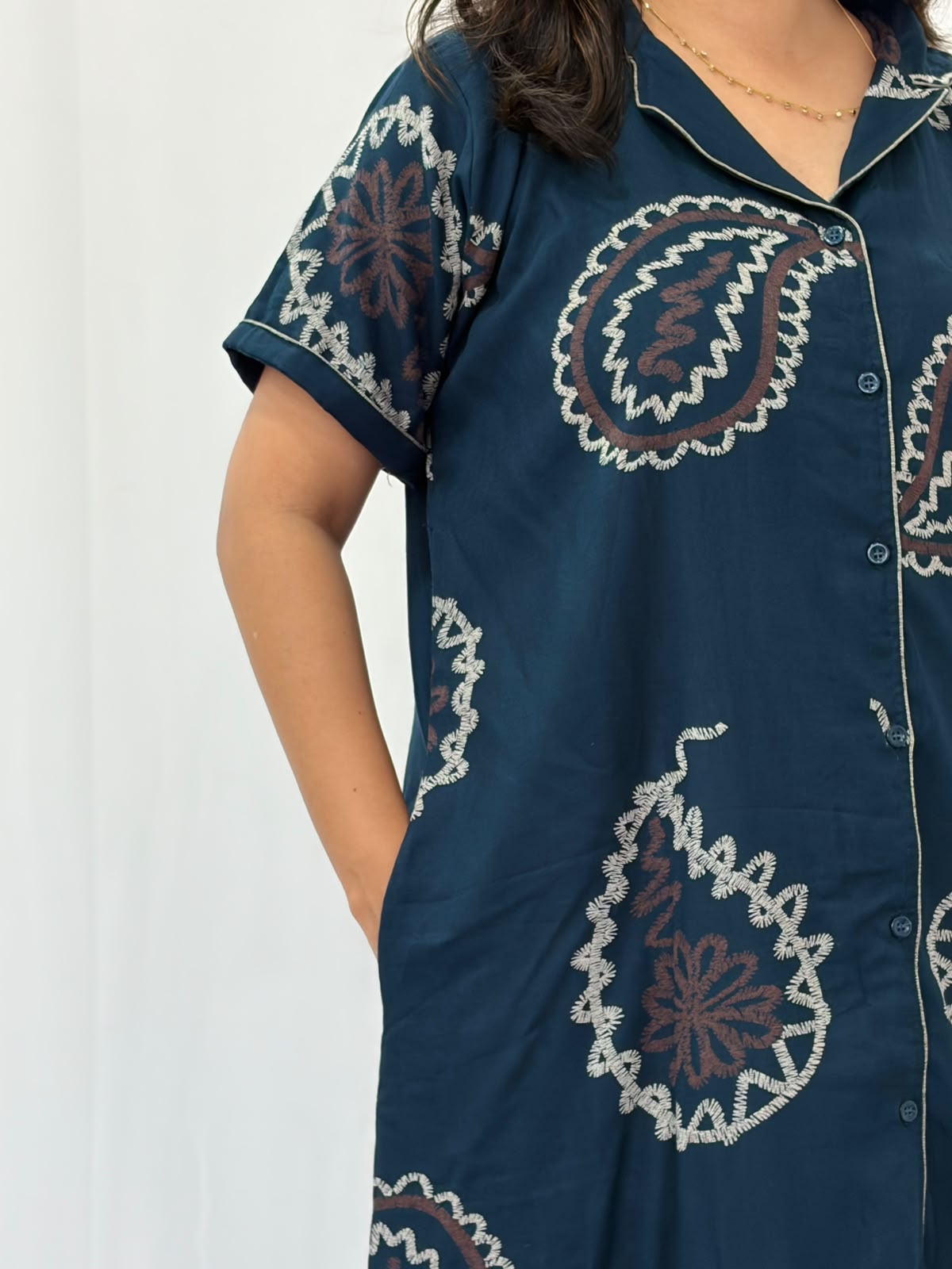 Teal Green Printed Alfine Full Open Long Polo Shirt Dress | Side Pocket | Free Size | Chest Width 44″| Length 44″
