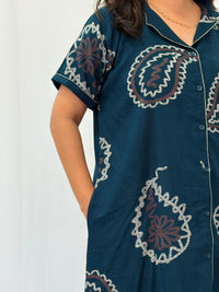 Teal Green Printed Alfine Full Open Long Polo Shirt Dress | Side Pocket | Free Size | Chest Width 44″| Length 44″
