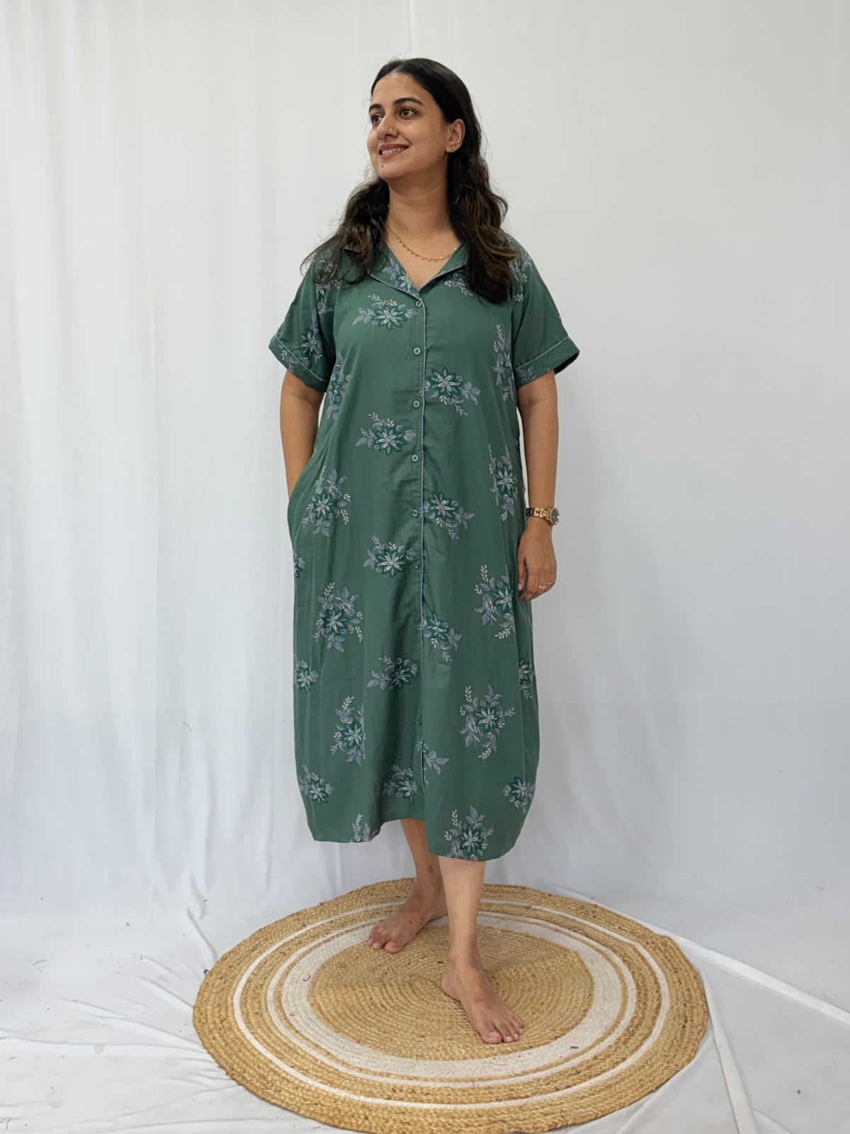 Green Floral Printed Alfine Full Open Long Polo Shirt Dress | Side Pocket | Free Size | Chest Width 44″| Length 44″
