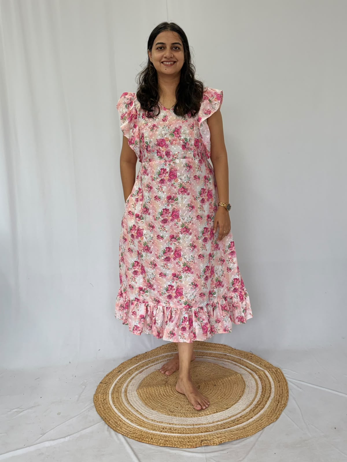 Pink Floral Printed Hakoba Ruffle Sleeve Short Maternity Gown | Free Size | Chest Width 44″| Length 44″
