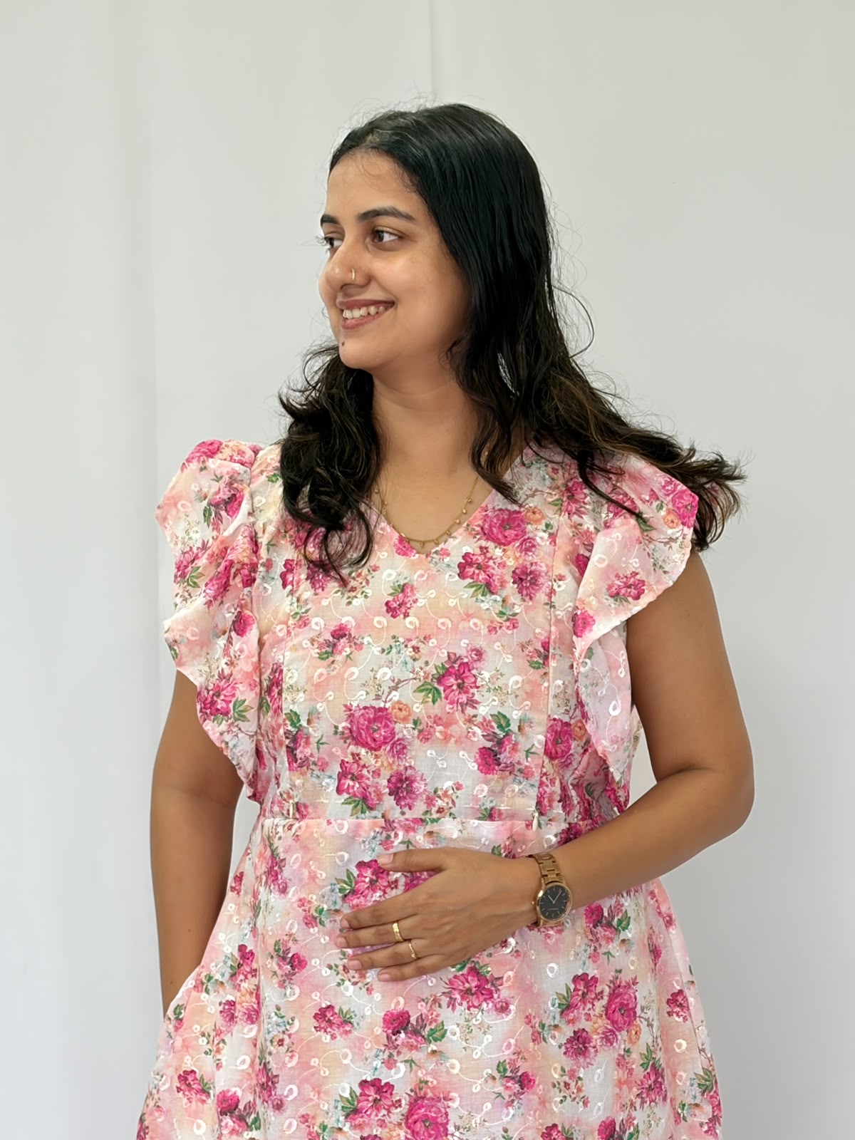 Pink Floral Printed Hakoba Ruffle Sleeve Short Maternity Gown | Free Size | Chest Width 44″| Length 44″