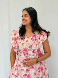 Pink Floral Printed Hakoba Ruffle Sleeve Short Maternity Gown | Free Size | Chest Width 44″| Length 44″