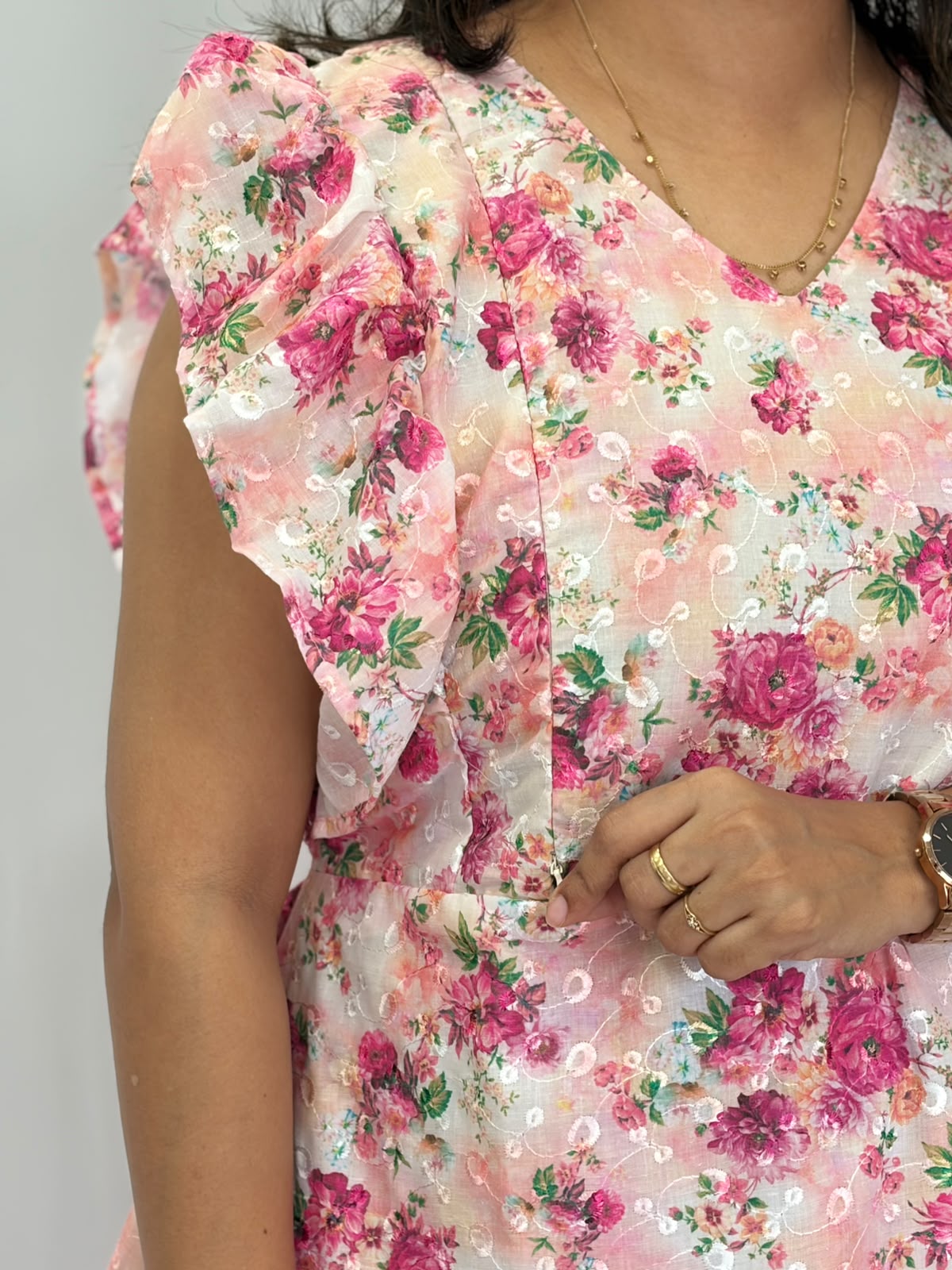 Pink Floral Printed Hakoba Ruffle Sleeve Short Maternity Gown | Free Size | Chest Width 44″| Length 44″
