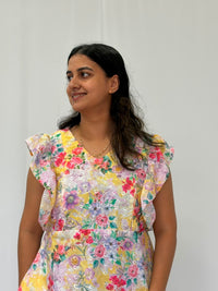 Yellow Floral Printed Hakoba Ruffle Sleeve Short Maternity Gown | Free Size | Chest Width 44″| Length 44″