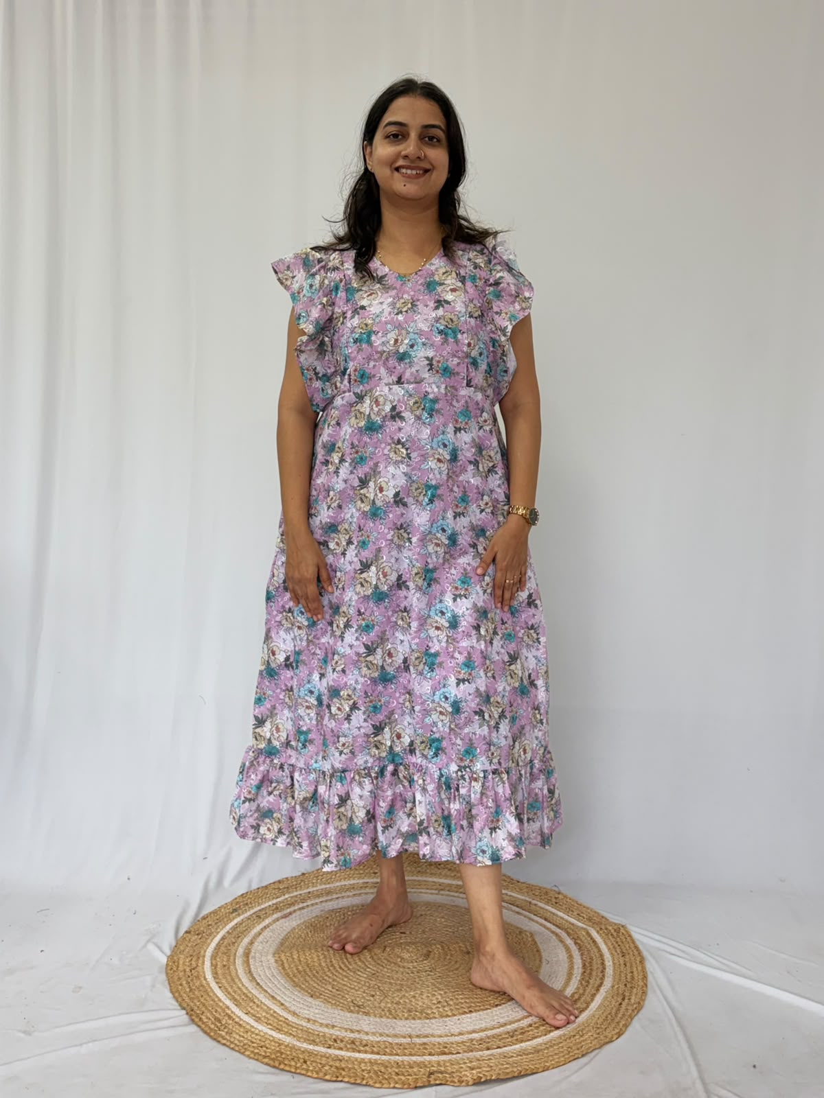 Lavender Floral Printed Hakoba Ruffle Sleeve Short Maternity Gown | Free Size | Chest Width 44″| Length 44″