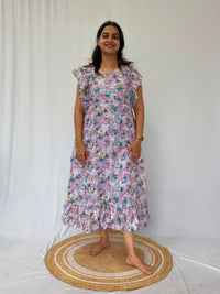 Lavender Floral Printed Hakoba Ruffle Sleeve Short Maternity Gown | Free Size | Chest Width 44″| Length 44″