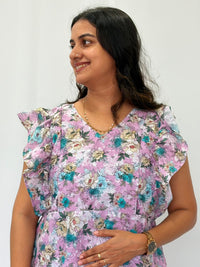 Lavender Floral Printed Hakoba Ruffle Sleeve Short Maternity Gown | Free Size | Chest Width 44″| Length 44″