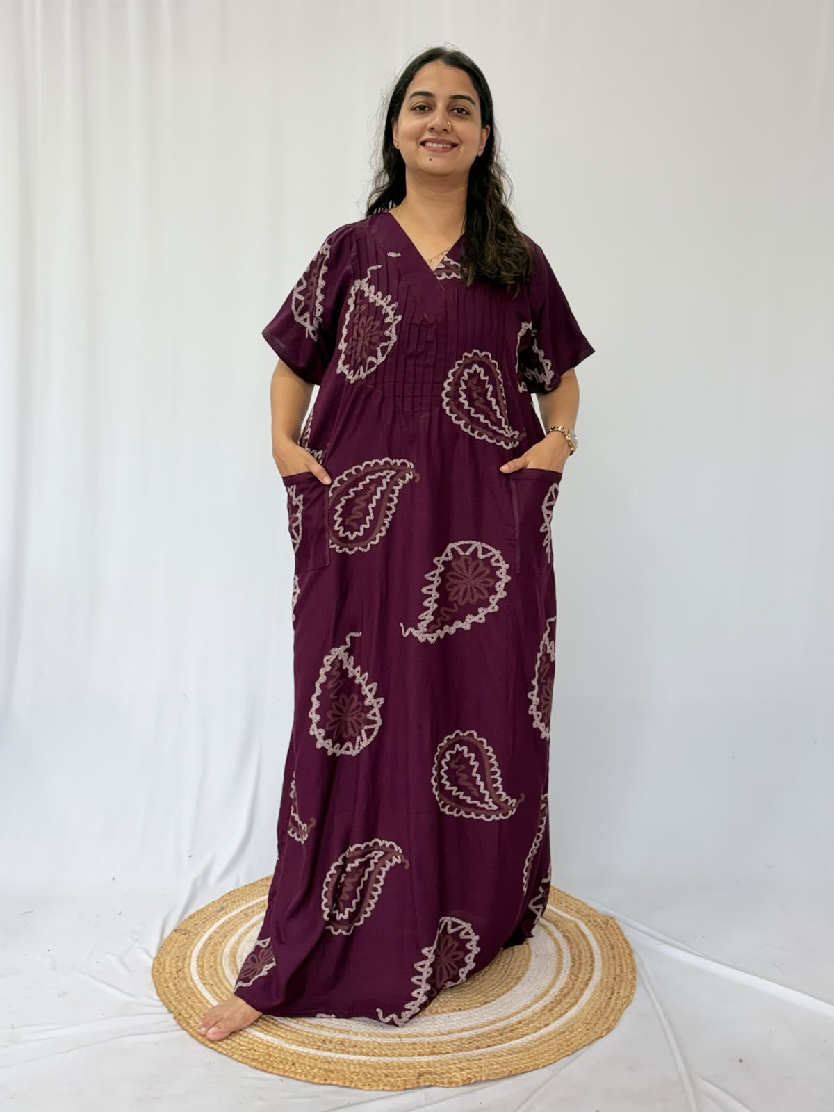 Wine Printed V-Neck Alfine Churidar Cut Nighty | Free Size | Chest Width 44″| Length 56″