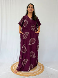 Wine Printed V-Neck Alfine Churidar Cut Nighty | Free Size | Chest Width 44″| Length 56″
