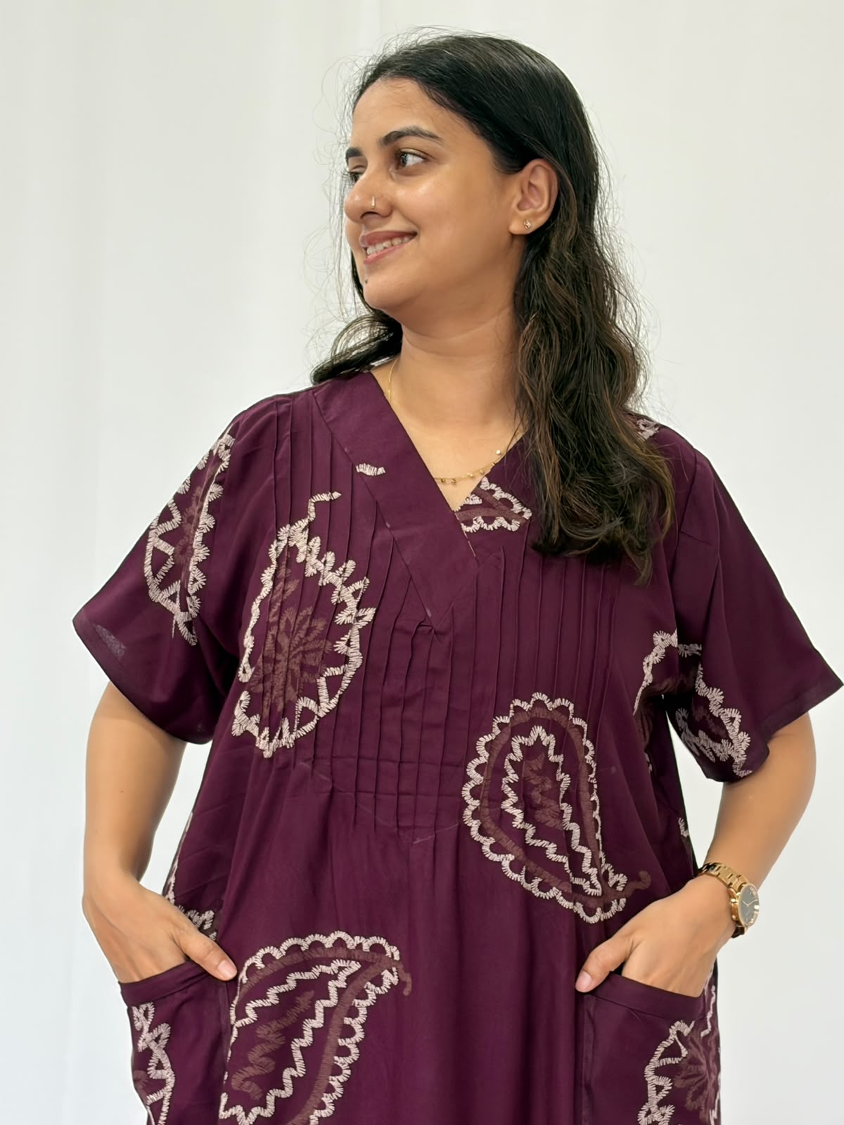 Wine Printed V-Neck Alfine Churidar Cut Nighty | Free Size | Chest Width 44″| Length 56″