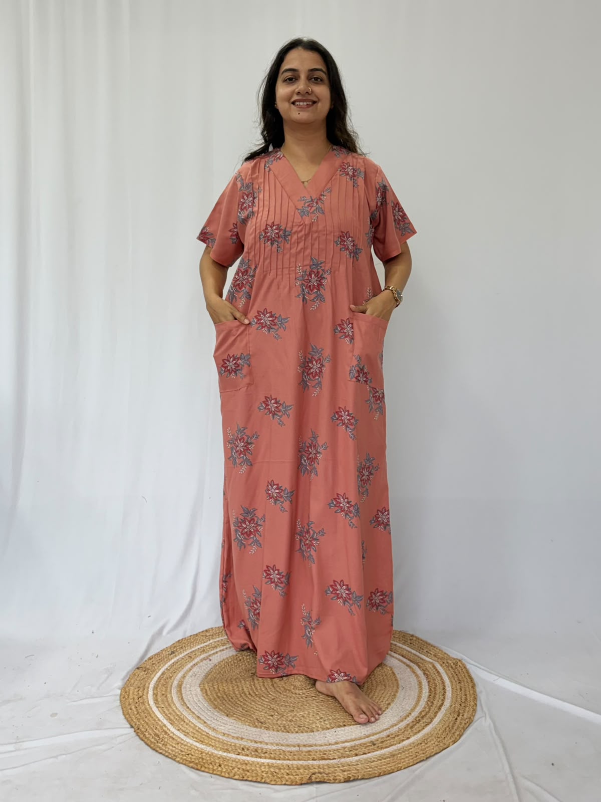 Orange Floral Printed V-Neck Alfine Churidar Cut Nighty | Free Size | Chest Width 44″| Length 56″