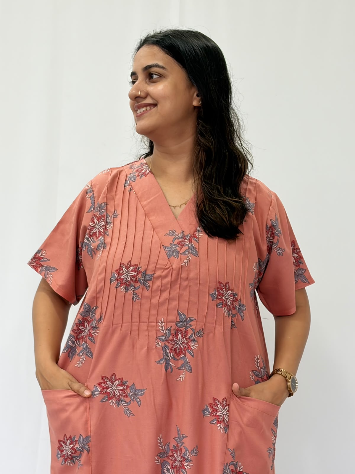 Orange Floral Printed V-Neck Alfine Churidar Cut Nighty | Free Size | Chest Width 44″| Length 56″