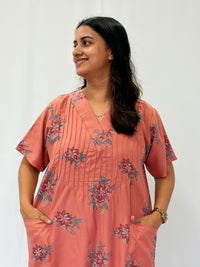 Orange Floral Printed V-Neck Alfine Churidar Cut Nighty | Free Size | Chest Width 44″| Length 56″