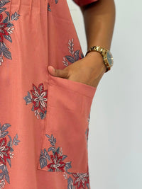 Orange Floral Printed V-Neck Alfine Churidar Cut Nighty | Free Size | Chest Width 44″| Length 56″