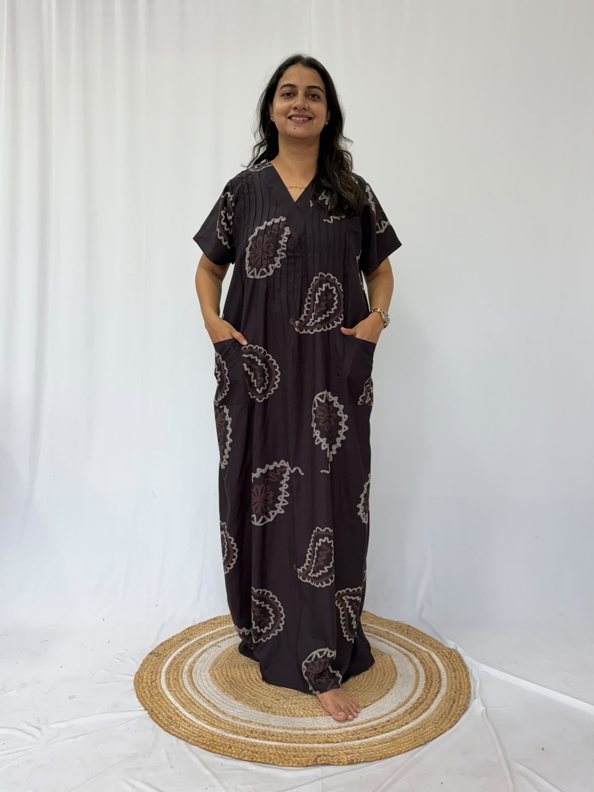 Grey Printed V-Neck Alfine Churidar Cut Nighty | Free Size | Chest Width 44″| Length 56″
