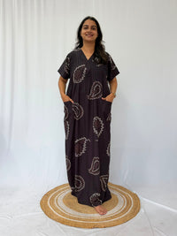 Grey Printed V-Neck Alfine Churidar Cut Nighty | Free Size | Chest Width 44″| Length 56″