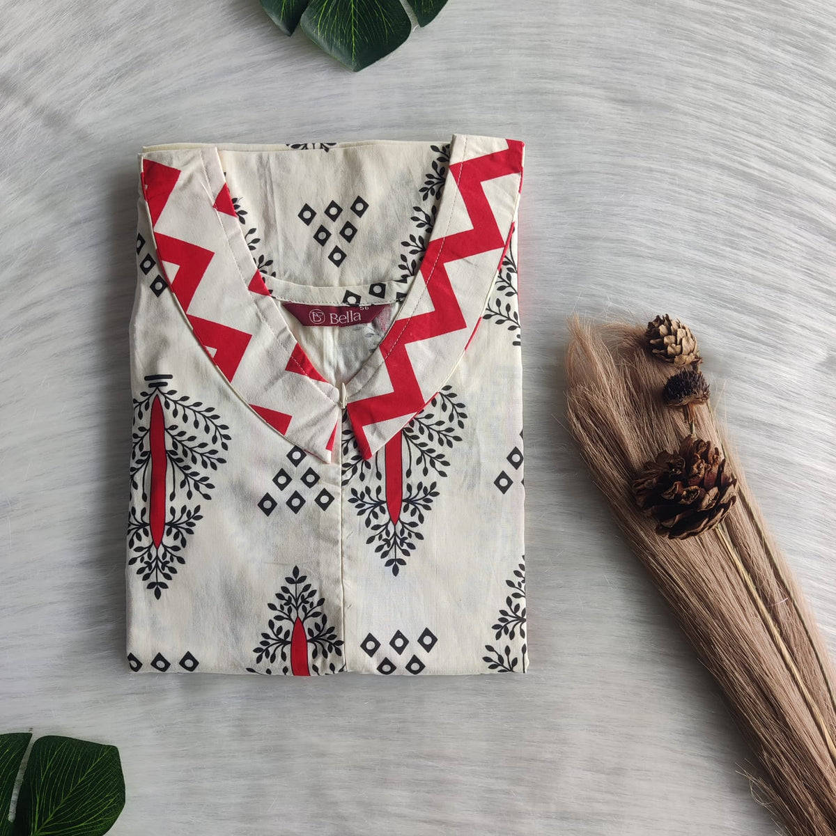 Red And Ivory Printed Premium Cotton Peter Pan Collar Long Zip Feeding Nighty | Free Size | Chest Width 44″| Length 56″