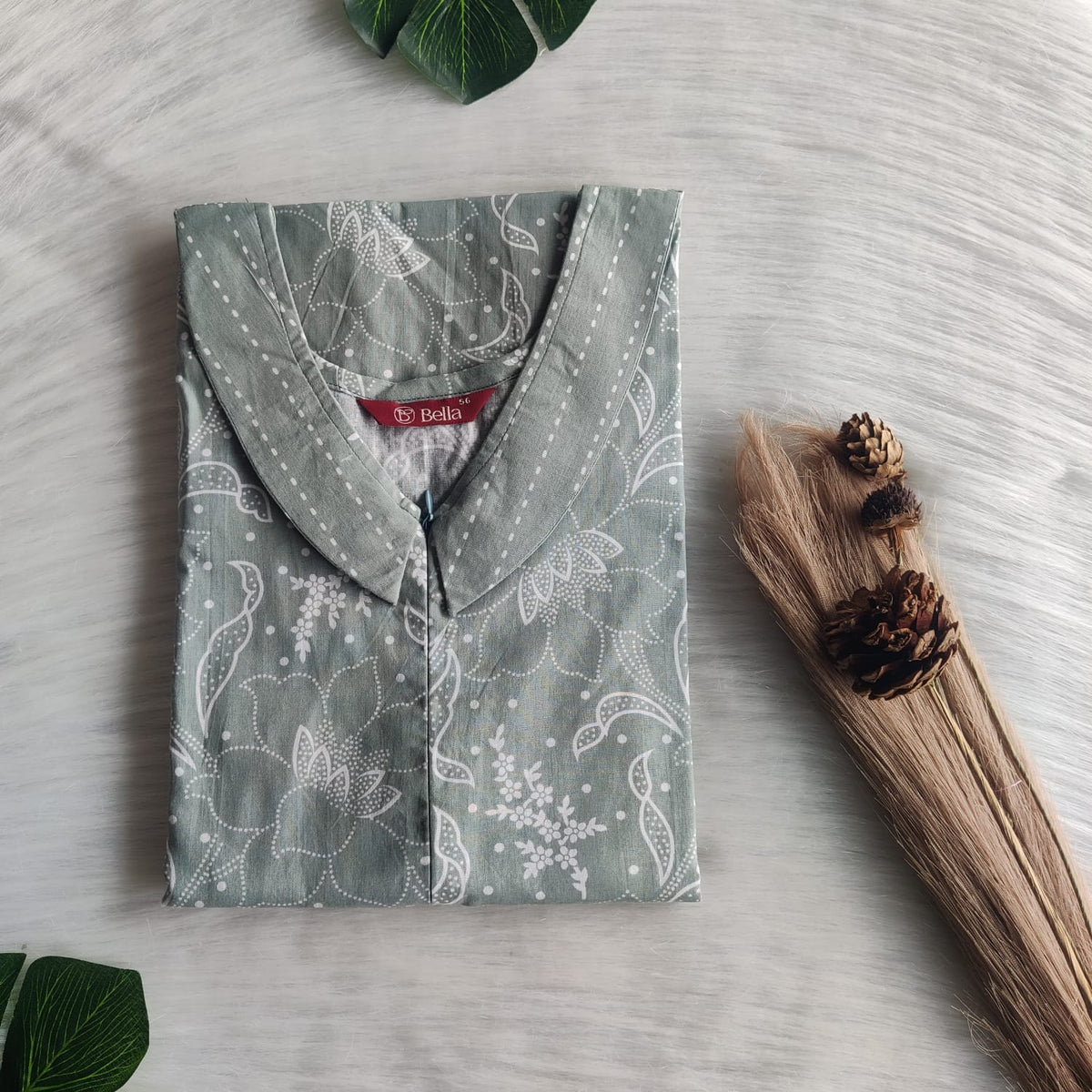 Ash Green And White Floral Printed Premium Cotton Peter Pan Collar Long Zip Feeding Nighty | Free Size | Chest Width 44″| Length 56″