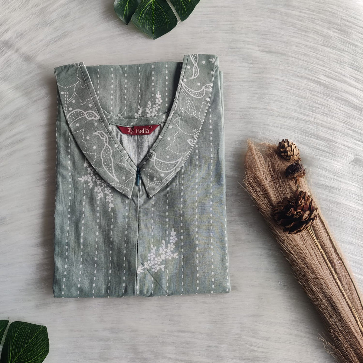 White And Ash Green Printed Premium Cotton Peter Pan Collar Long Zip Feeding Nighty | Free Size | Chest Width 44″| Length 56″