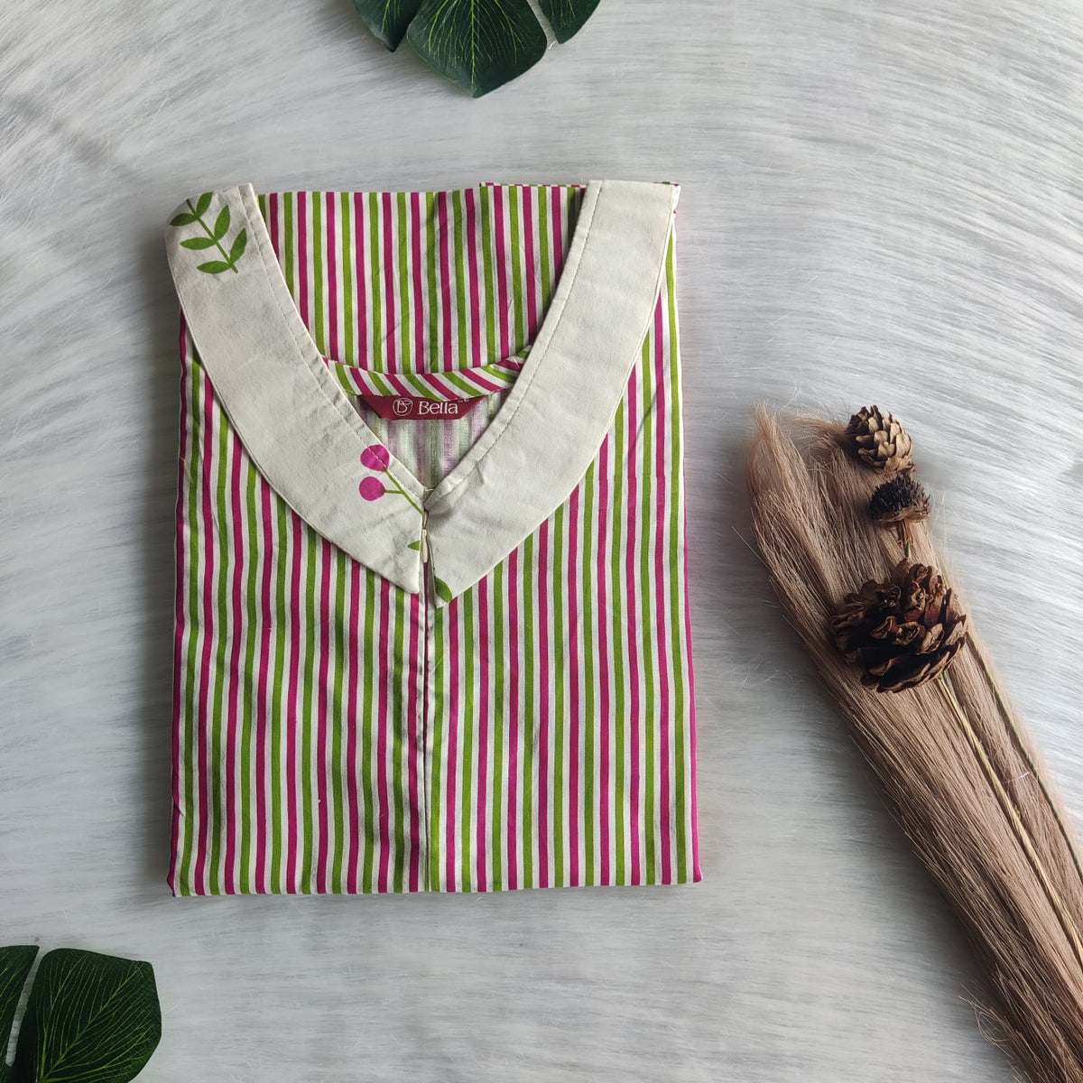Pink  And Green Stripes Printed Premium Cotton Peter Pan Collar Long Zip Feeding Nighty | Free Size | Chest Width 44″| Length 56″