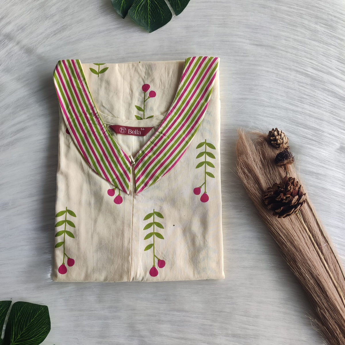 Green And Pink Blossom Printed Premium Cotton Peter Pan Collar Long Zip Feeding Nighty | Free Size | Chest Width 44″| Length 56″