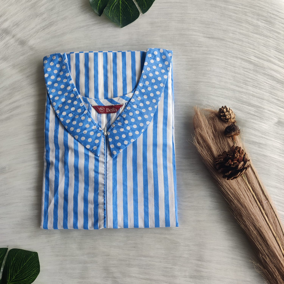Blue And White Stripes Printed Premium Cotton Peter Pan Collar Long Zip Feeding Nighty | Free Size | Chest Width 44″| Length 56″