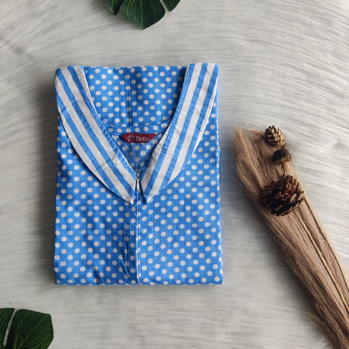 White And Blue Dot Printed Premium Cotton Peter Pan Collar Long Zip Feeding Nighty | Free Size | Chest Width 44″| Length 56″