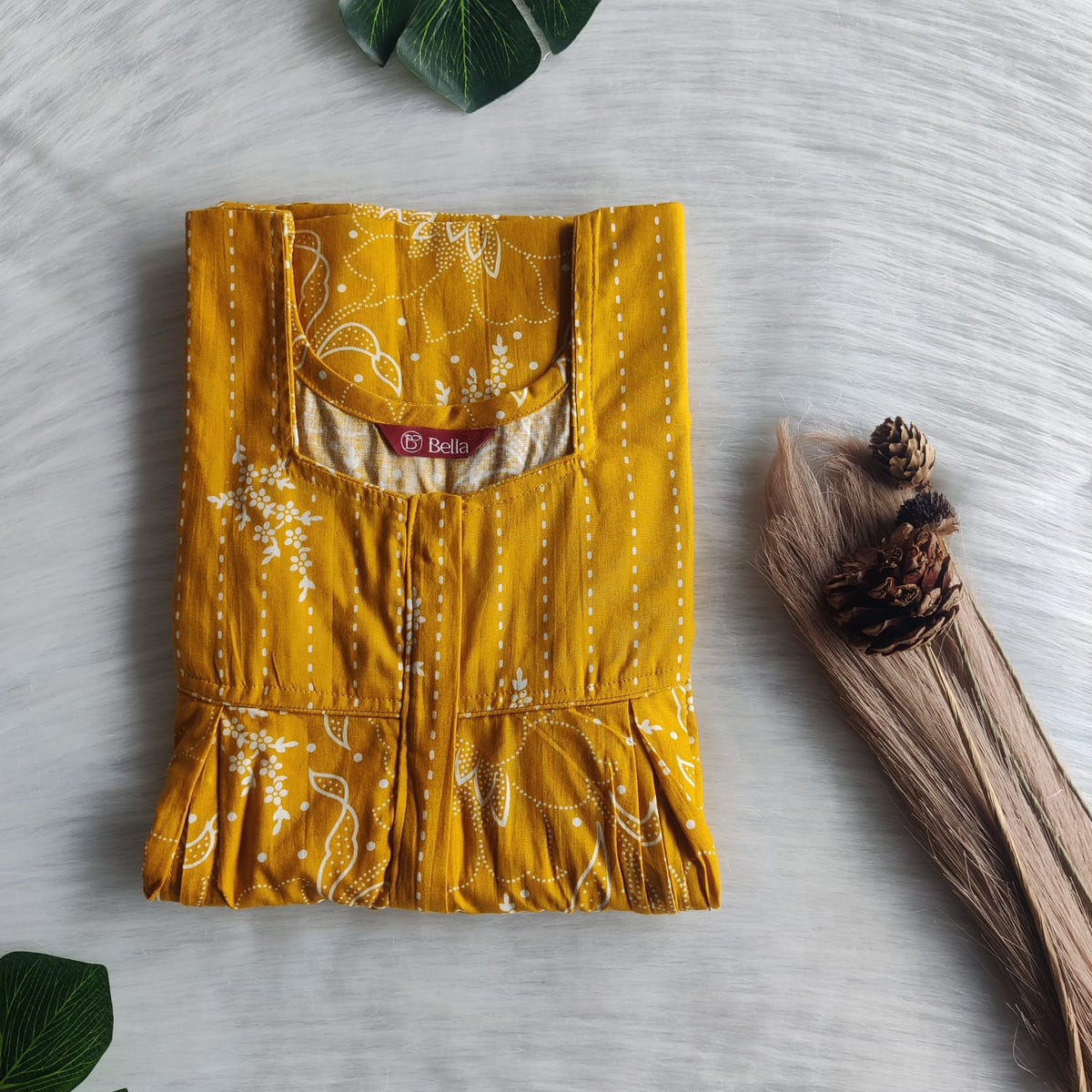Mustard Yellow And White Floral Printed Premium Cotton Pleated Vertical Zip Feeding Nighty | Free Size | Chest Width 44″| Length 54″-56″