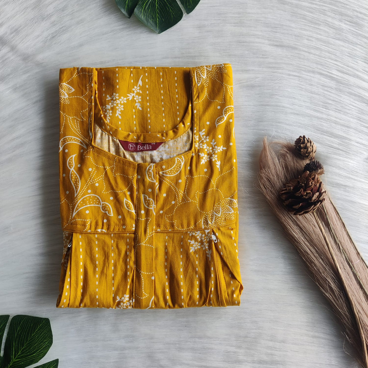 White And Mustard Yellow Printed Premium Cotton Pleated Vertical Zip Feeding Nighty | Free Size | Chest Width 44″| Length 54″-56″